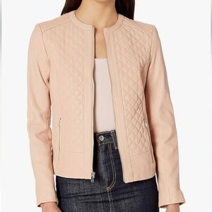 🌟COLE HAAN🌟 QUILTED JEWEL NECK ZIP UP LEATHER JACKET PINK SZ S